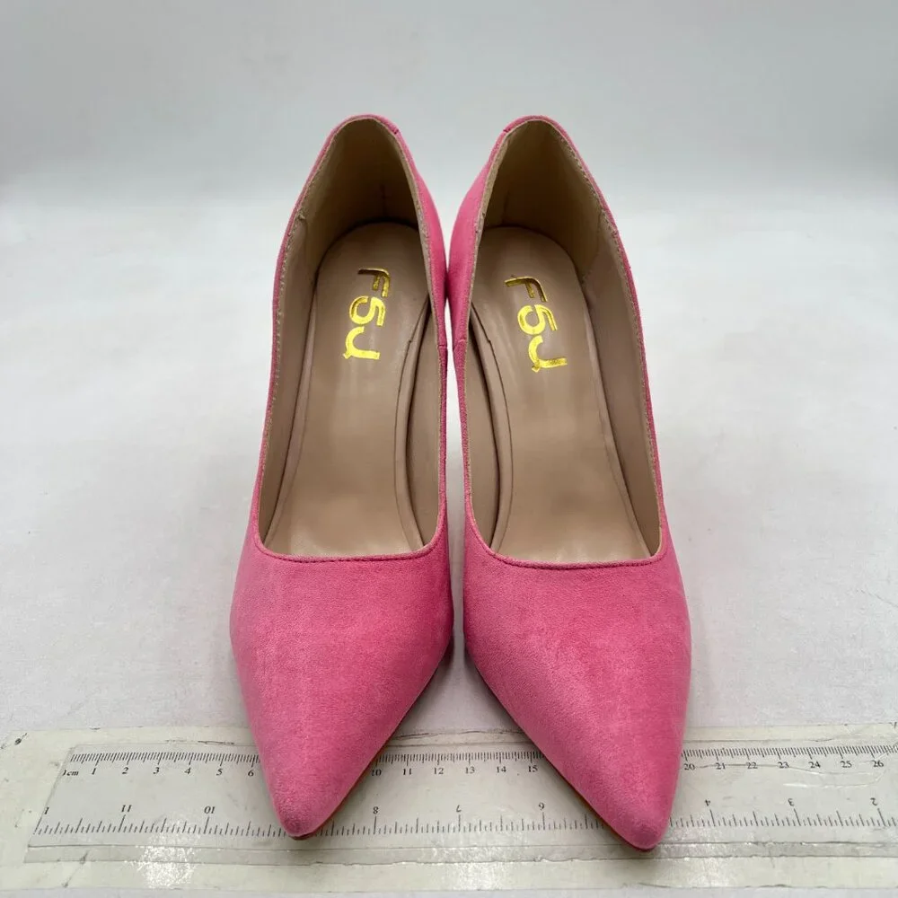 FSJ Pink Suede High Heels Pumps Pointed Toe Slip On Pearls Beaded Elegant Shoes - Picture 3 of 8